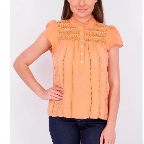 NWT Faherty Kaia Embroidered Linen Top Rhythm Orange size Large Boho Peasant - Picture 2 of 6